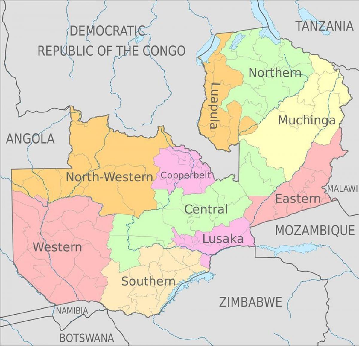 map of Zambia showing 10 provinces